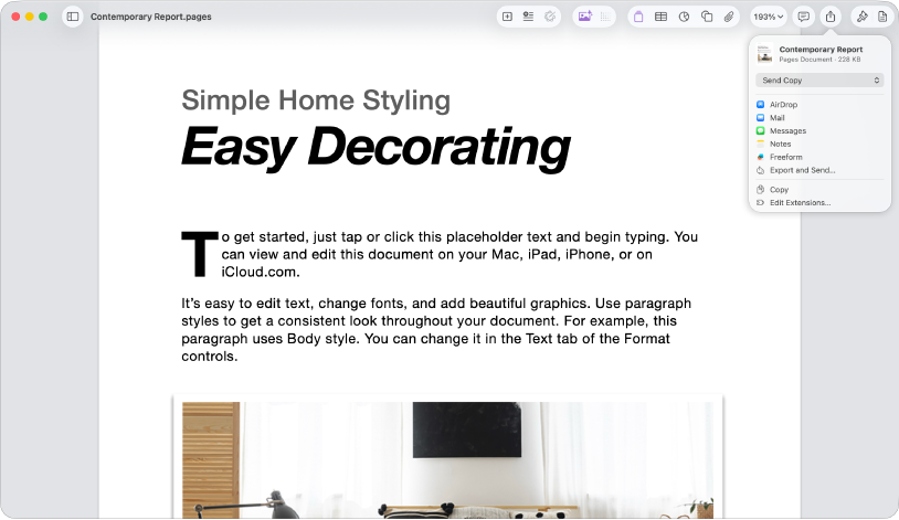 Um documento aberto com o menu "Partilhar” aberto.