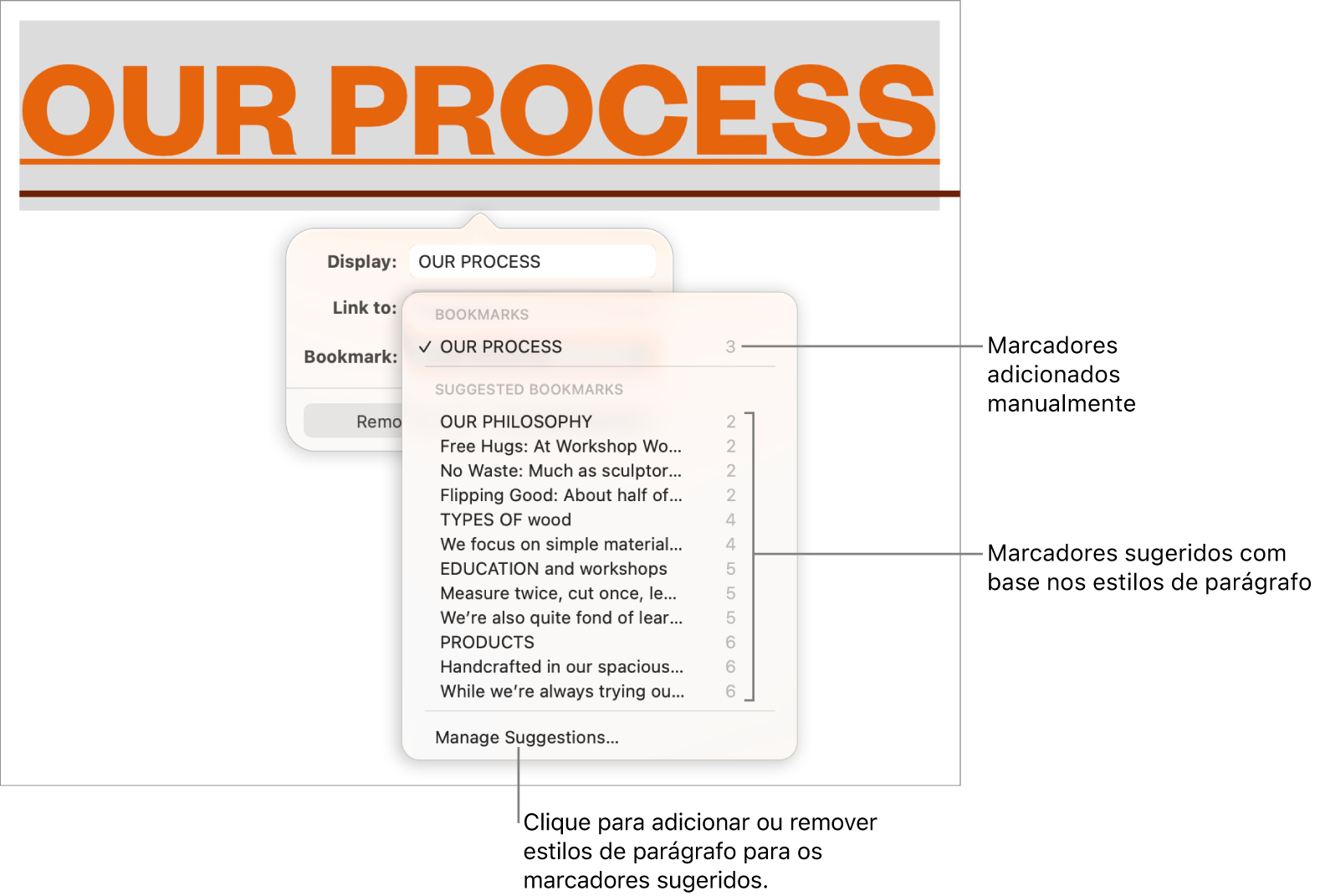 A lista de marcadores com marcadores adicionados manualmente encontra-se na parte superior e os marcadores sugeridos na parte inferior. A opção “Gerir sugestões” encontra-se na parte inferior.