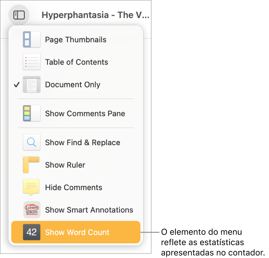 O menu "Visualização” aberto com “Mostrar contagem de caracteres” perto da parte inferior.