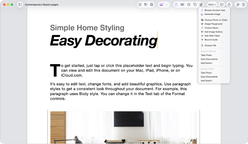 Um documento aberto com o menu “Adicionar conteúdo multimédia” aberto.