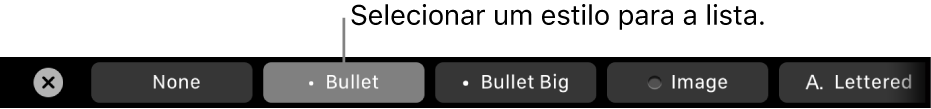 A Touch Bar do MacBook Pro com controlos para escolher um estilo de lista.