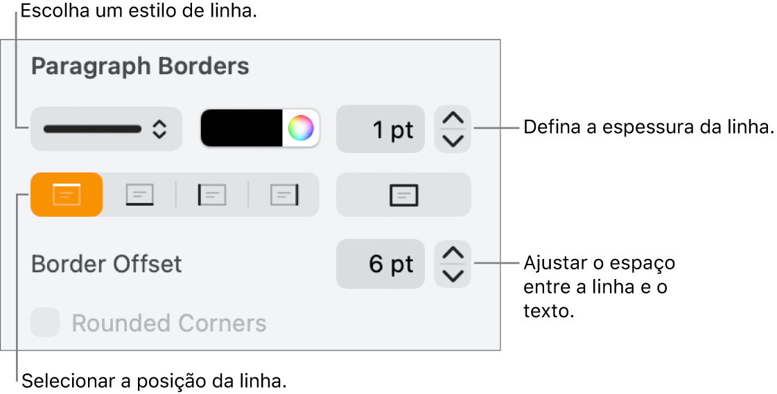 Controlos para alterar o estilo de linha, a espessura, a posição e a cor.