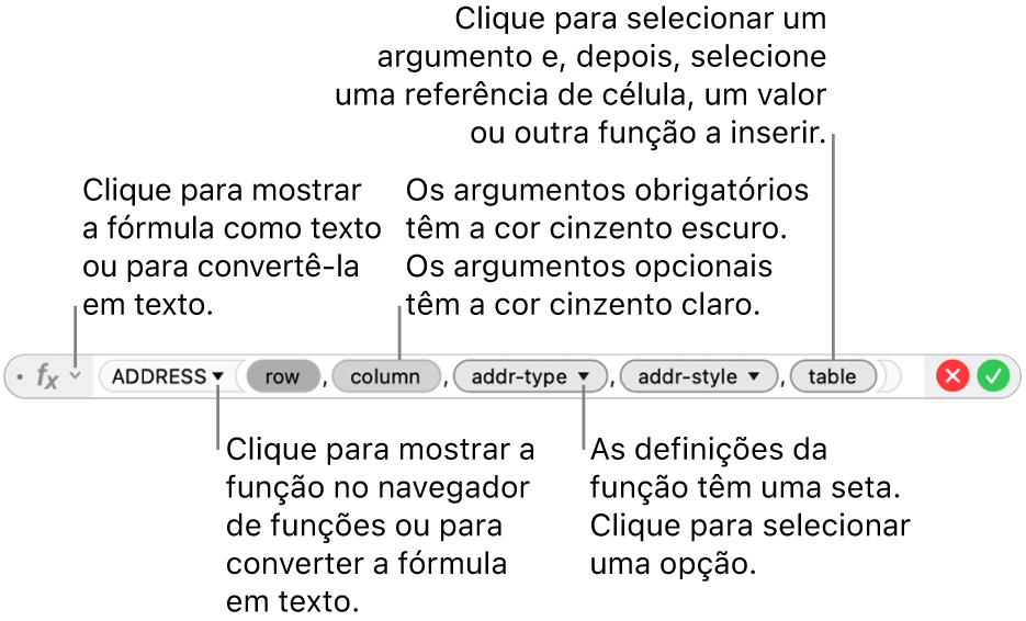 O Editor de fórmulas a mostrar a função ENDEREÇO e os respetivos símbolos de argumentos.