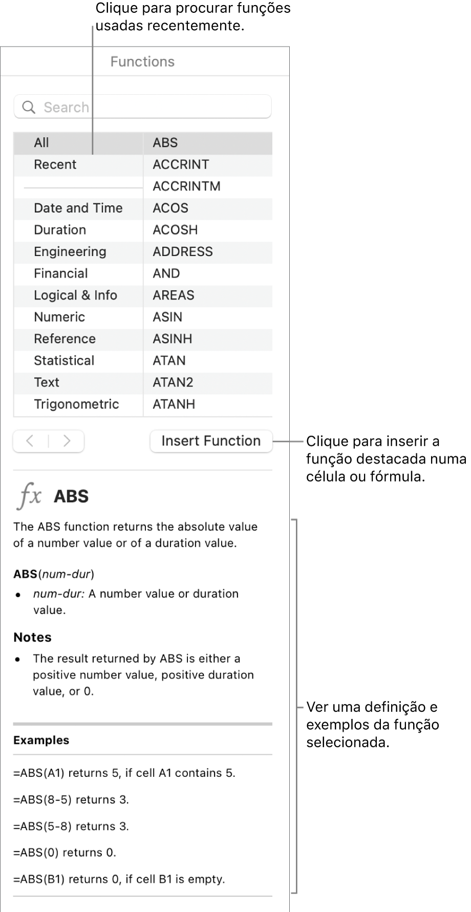 O navegador de funções com chamadas para as funções usadas recentemente, o botão "Inserir função” e a definição da função.