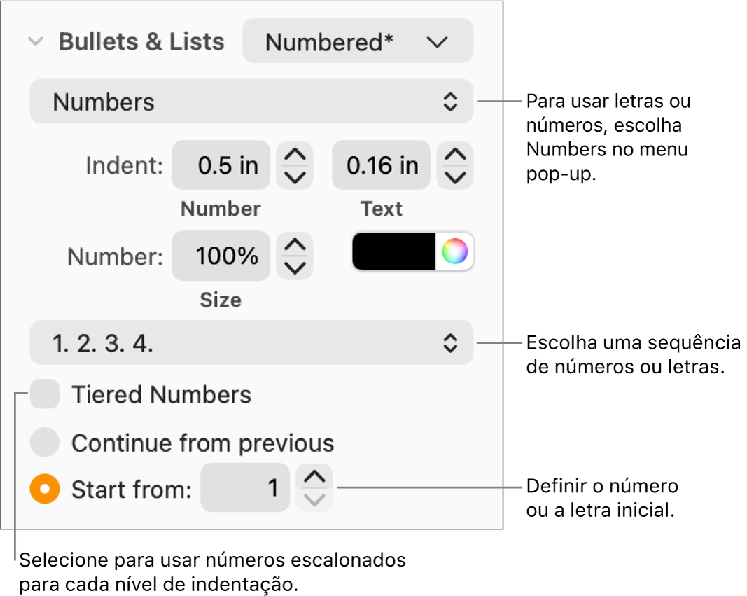 Controlos para alterar o estilo de número e o espaçamento de uma lista.
