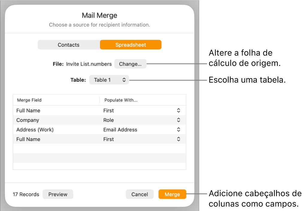 O painel “Pré‑visualizar campos de intercalação” está aberto, com opções para alterar o ficheiro ou a tabela de origem, pré-visualizar os nomes dos campos de intercalação ou adicionar os cabeçalhos de colunas como campos.