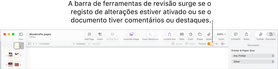 A barra de ferramentas do Pages com registo de alterações ativado e a barra de ferramentas de revisão debaixo da barra de ferramentas do Pages.