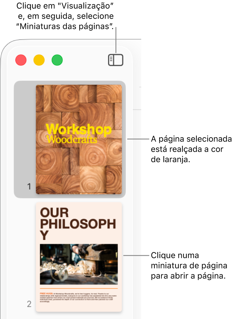 A barra lateral no lado esquerdo da janela do Pages com a vista de miniaturas das páginas aberta e uma página selecionada destacada a cor de laranja escuro.