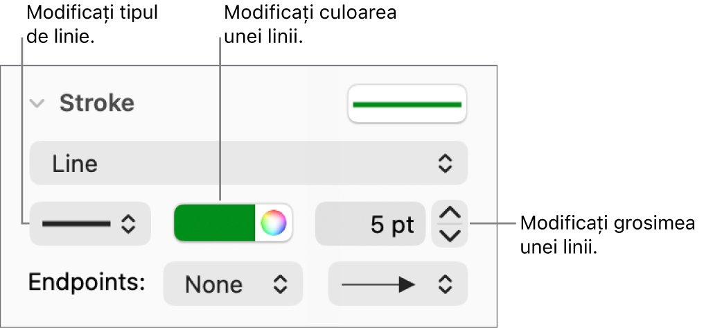 Comenzi trasare pentru configurarea extremităților, grosimii și culorii liniei.