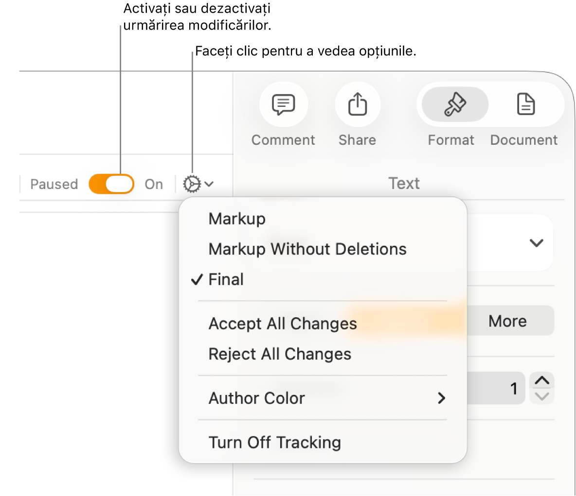 Meniu de opțiuni pentru urmărire afișând opțiunea Dezactivează urmărirea în partea de jos și explicații pentru butonul Urmărire activată și suspendată.