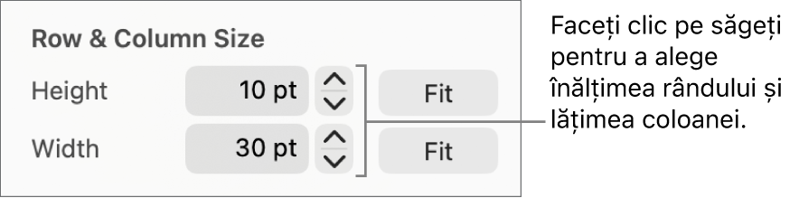 Comenzile pentru setarea unei dimensiuni precise a rândului sau coloanei.