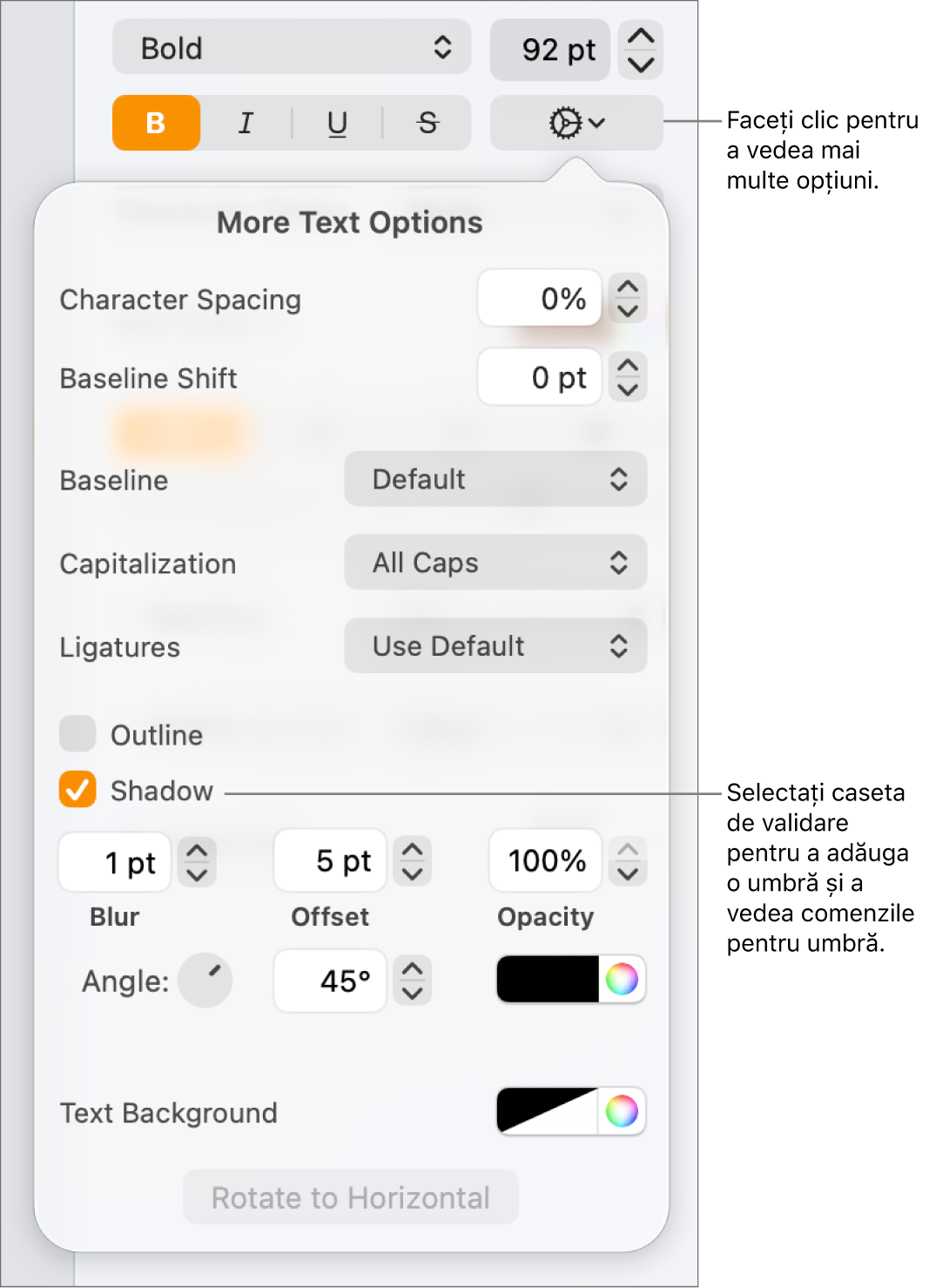 Meniul Opțiuni avansate deschis, cu caseta de validare Umbre selectată și comenzile pentru a configura estomparea, decalajul, opacitatea, unghiul și culoarea.