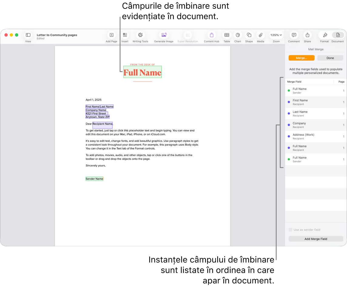 Un document Pages cu câmpurile de comasare ale expeditorului și destinatarului și lista de ocurențe ale câmpurilor de comasare vizibilă în bara laterală Document.