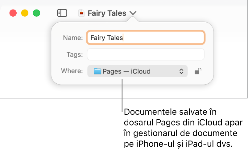 Dialogul Salvează aferent unui document cu Pages—iCloud în meniul pop-up Unde.