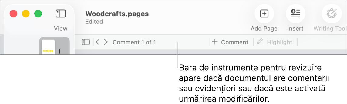 Bara de instrumente Pages în partea de sus a ecranului, cu butoanele de-a lungul părții de sus pentru Vizualizare, Zoom, Adaugă o pagină, Inserează, Tabel, Diagramă, Text, Formă, Multimedia și Comentariu. Sub bara de instrumente Pages se află bara de instrumente pentru revizuire cu butonul pentru ascunderea sau afișarea comentariilor, săgețile pentru saltul la comentariul anterior sau următor, numărul total de comentarii și butoanele pentru adăugarea unui comentariu sau pentru evidențiere.