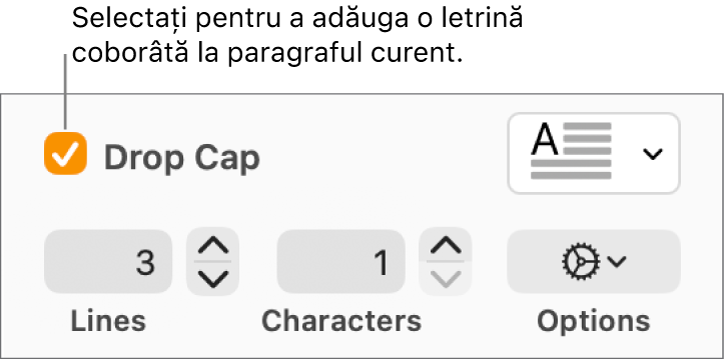 Caseta de validare Letrină coborâtă este selectată și un meniu pop-up apare în dreapta acesteia; comenzile pentru configurarea înălțimii liniei, a numărului de caractere și alte opțiuni apar sub aceasta.