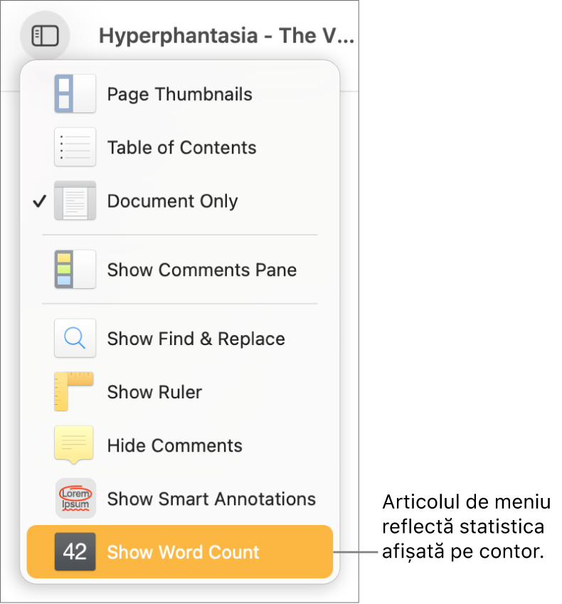 Meniul Vizualizare deschis, cu opțiunea Afișează contorul de cuvinte lângă partea de jos.