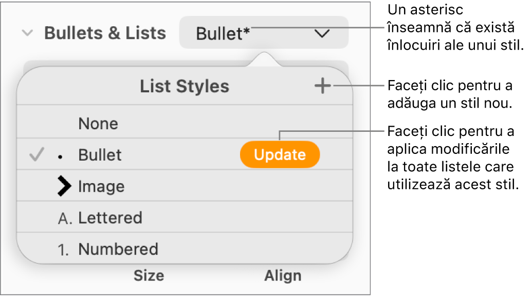 Meniul pop-up Stiluri listă cu un asterisc care indică o suprareglare și explicații la butonul Stil nou, precum și opțiuni pentru gestionarea stilurilor.