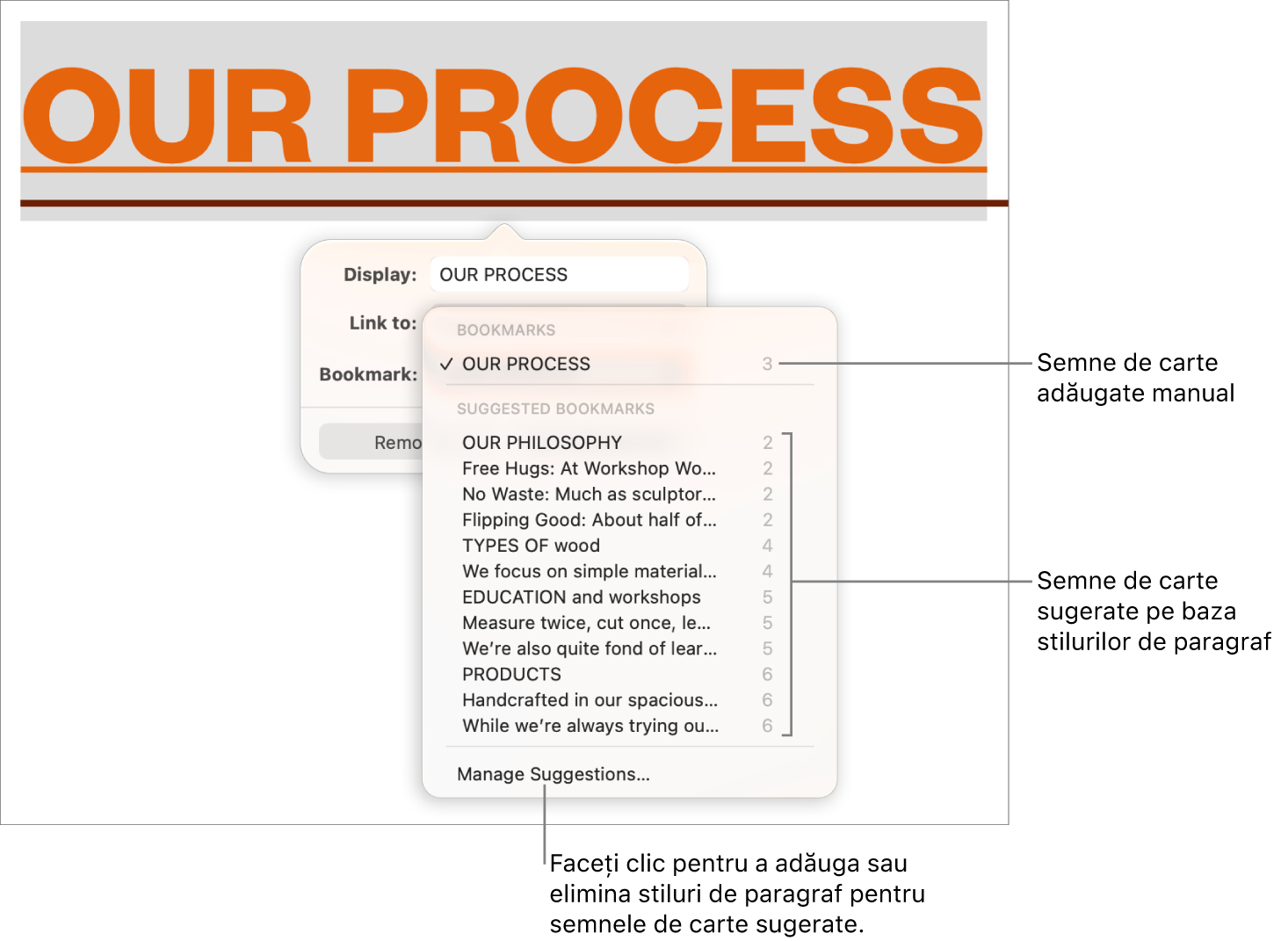 Lista de semne de carte, cu semnele de carte adăugate manual în partea de sus și semnele de carte sugerate în partea de jos. Opțiunea Gestionare sugestii se află în partea de jos.