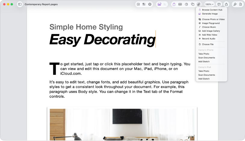 Document deschis cu meniul „Adăugați conținut multimedia” deschis.