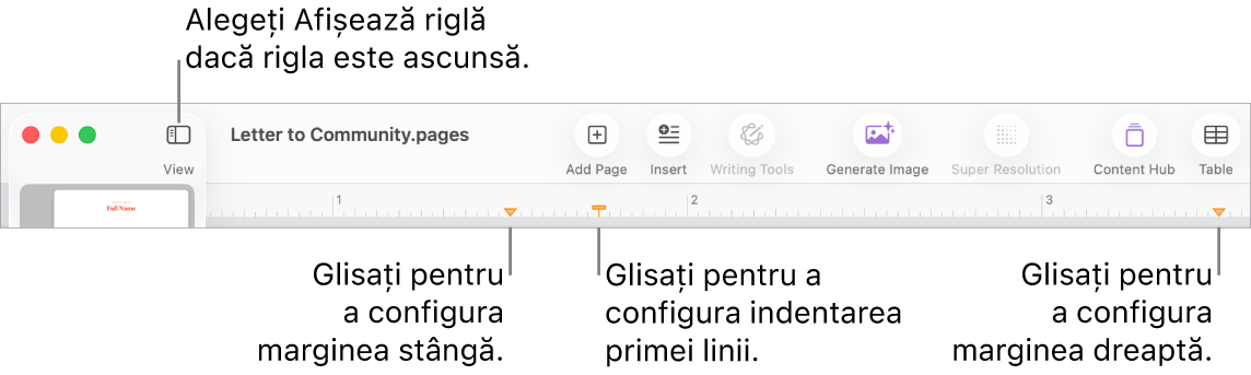 Riglă cu comanda pentru marginea stângă și comanda pentru indentarea primei linii.