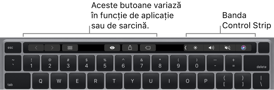 Tastatură cu Touch Bar deasupra tastelor numerice. Butoanele pentru modificarea textului se află în partea stângă și centrală. Funcționalitatea Control Strip din partea dreaptă are comenzi de sistem pentru luminozitate, volum și Siri.