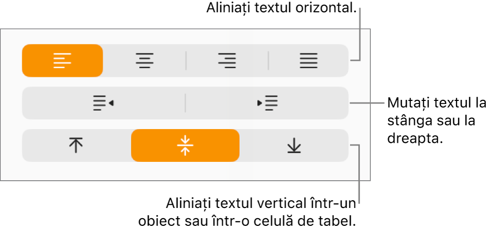 Secțiunea Aliniere cu explicații pentru butoanele de aliniere a textului și de spațiere.