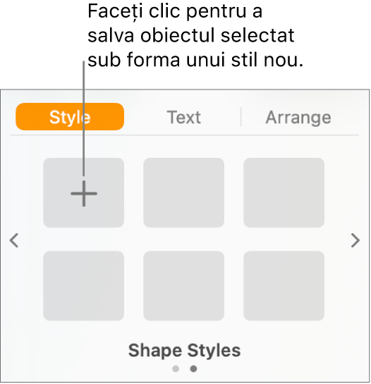 Fila Stil a barei laterale Format cu butonul Creează un stil în colțul din stânga sus și cinci substituenți de stil goi.