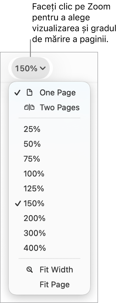 Meniul pop-up Zoom cu opțiuni pentru a vizualiza o pagină și două pagini în partea de sus, procente de la 25% până la 400% dedesubt și opțiunile Potrivește la lățime și Potrivește la pagină în partea de jos.