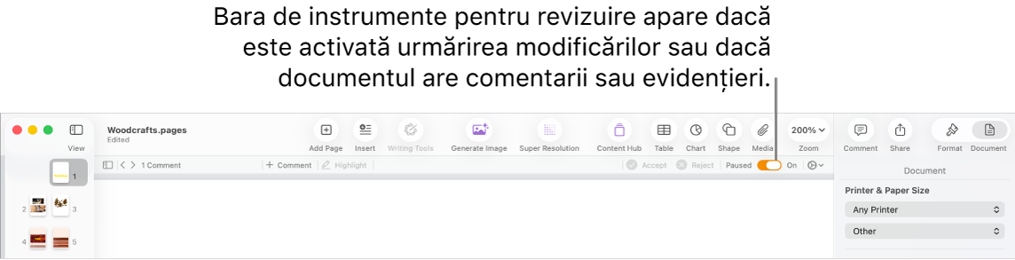 Bara de instrumente Pages cu urmărirea modificărilor activată și bara de instrumente pentru revizuire sub bara de instrumente Pages.