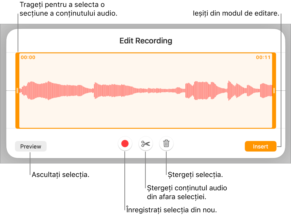 Comenzile pentru editarea conținutului audio înregistrat. Mânerele indică secțiunea selectată a înregistrării și butoanele pentru previzualizare, înregistrare, scurtare, ștergere și modul de editare se află mai jos.