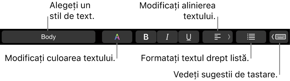 Bara Touch Bar de pe MacBook Pro, cu comenzi pentru alegerea unui stil de text, schimbarea culorii textului, schimbarea alinierii textului, formatarea textului ca listă și afișarea sugestiilor de scriere.