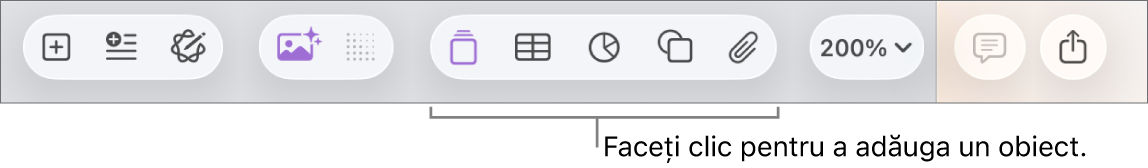Bara de instrumente cu butoane pentru adăugarea de tabele, diagrame, text, forme și multimedia.