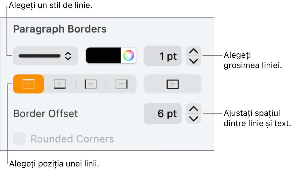 Comenzile pentru schimbarea stilului, grosimii, poziției și culorii liniei.
