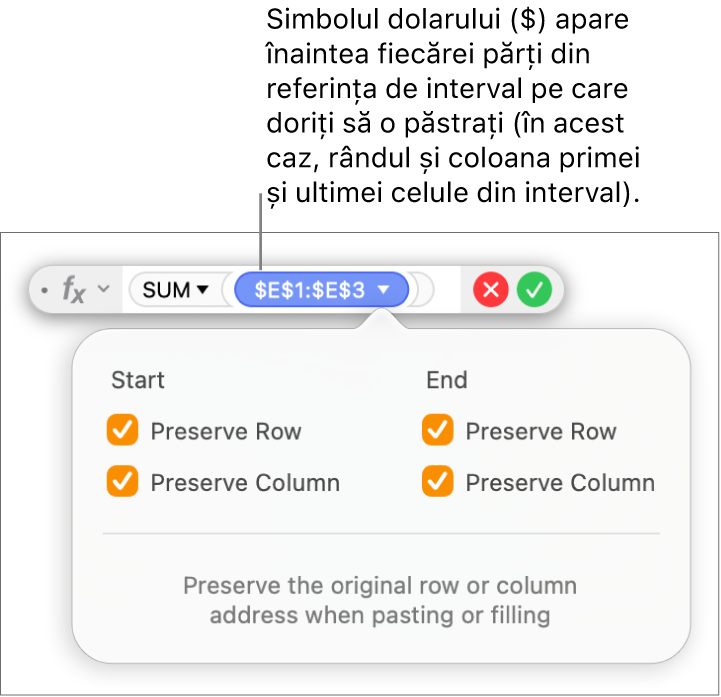 Editorul de formule afișând opțiunile Păstrare rând și Păstrare coloană selectate pentru un anumit interval.