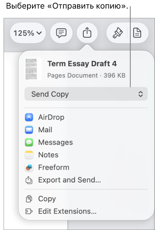 В верхней части меню «Поделиться» выбран параметр «Отправить копию».