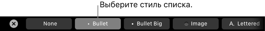 Панель Touch Bar на MacBook Pro. Отображаются элементы управления для выбора стиля списка.