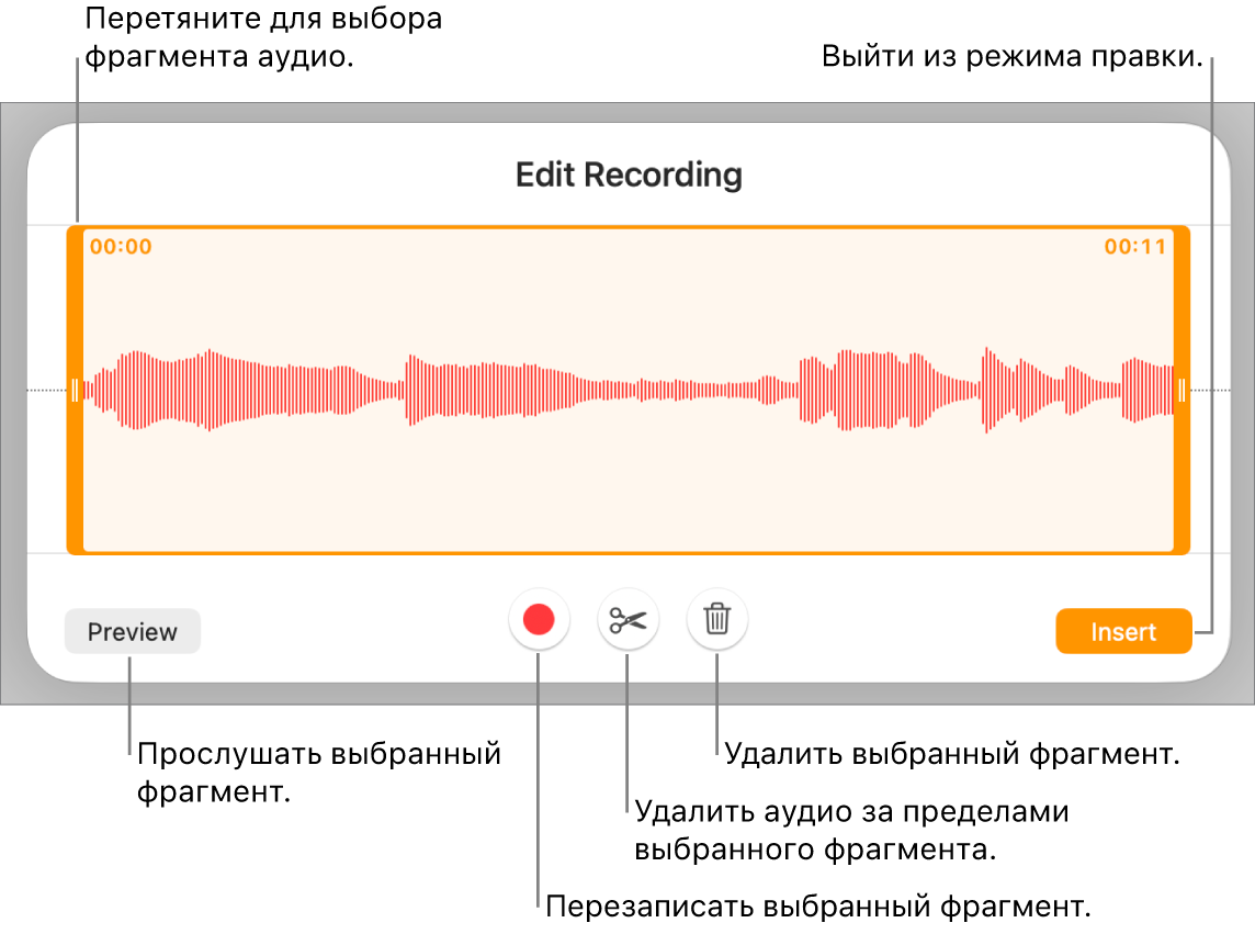 Элементы управления для редактирования записанного аудио. Манипуляторы обозначают выбранную часть записи. Ниже расположены кнопки «Прослушать», «Записать», «Обрезать», «Удалить» и кнопка режима редактирования.
