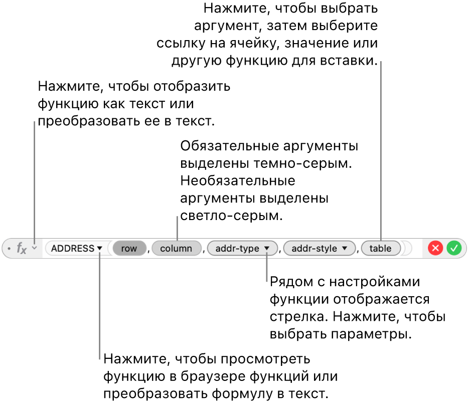 Редактор формул с функцией АДРЕС и маркерами ее аргументов.