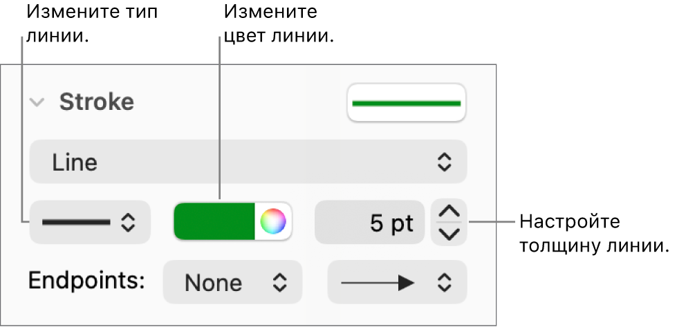 Элементы управления обводкой для задания конечных точек, толщины и цвета линий.
