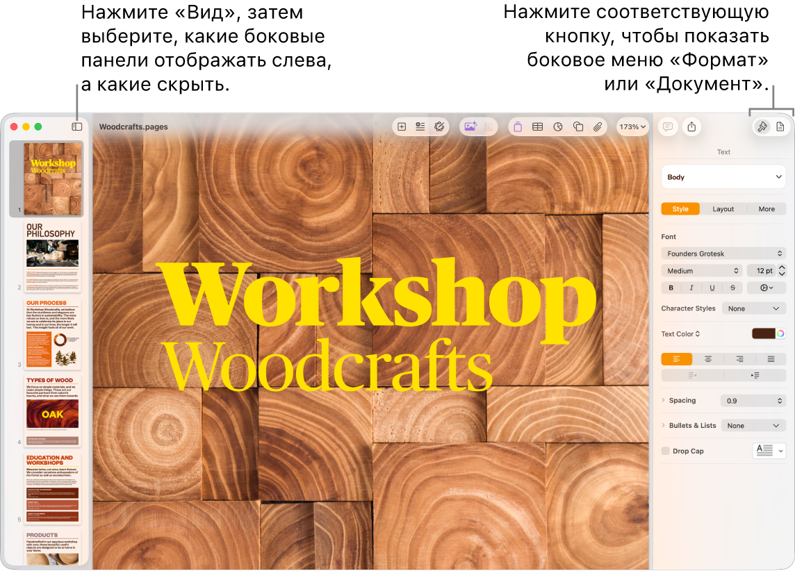 Окно Pages с вынесенной кнопкой меню «Вид» и вынесенными кнопками «Формат» и «Документ» в панели инструментов Открытые боковые меню слева и справа.