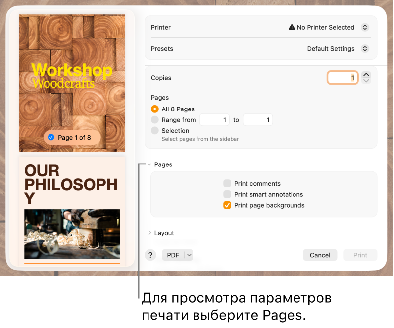 Диалоговое окно печати. Показаны элементы управления принтером, наборами настроек, количеством копий и диапазоном страниц. Во всплывающем меню настроек диапазона страниц выбран вариант «Страницы». Также установлены флажки для печати комментариев, смарт-аннотаций и фонов страниц.