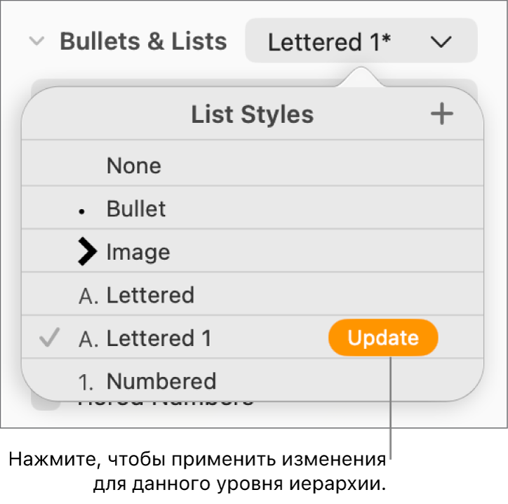 Всплывающее меню «Стили списков». Рядом с именем нового стиля отображается кнопка «Обновить».
