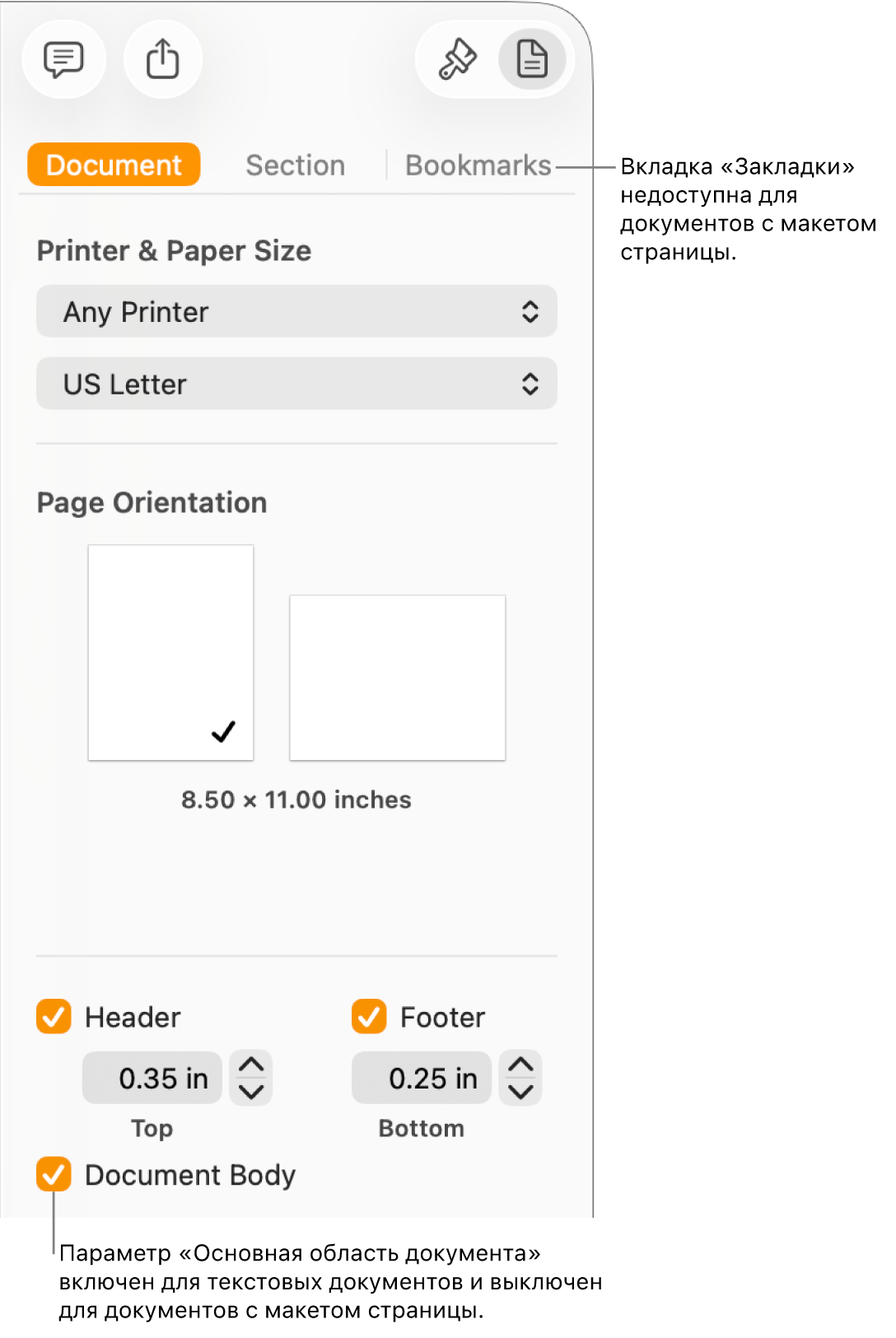 Боковое меню «Формат» со вкладками «Документ», «Раздел» и «Закладки» вверху. Выбрана вкладка «Документ», и в выноске, указывающей на вкладку «Закладки», сказано, что в документах с макетом страницы нет вкладки «Закладки». Установлен флажок «Основная область документа». Это также означает, что документ текстовый.