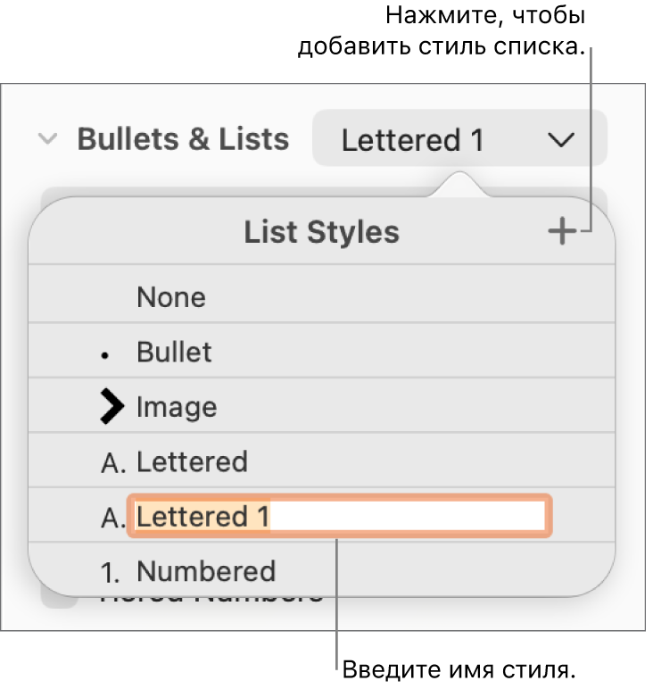 Всплывающее меню «Стили списков». В правом верхнем углу расположена кнопка добавления, выбран текст-заполнитель имени стиля.