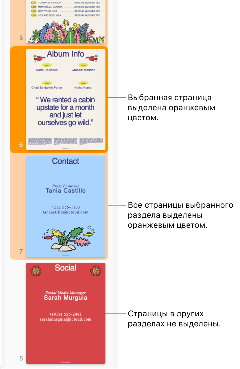 Режим просмотра миниатюр. Выбранная страница выделена темно-оранжевым цветом, все страницы выбранного раздела выделены светло-оранжевым цветом.