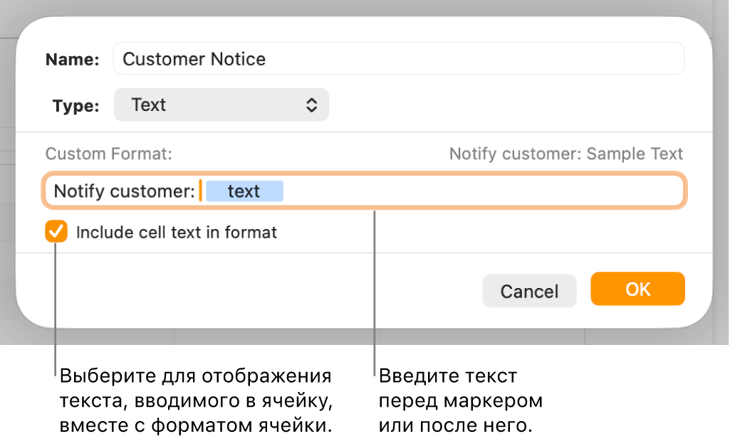 Окно произвольного формата ячейки с элементами управления для выбора пользовательского форматирования текста.