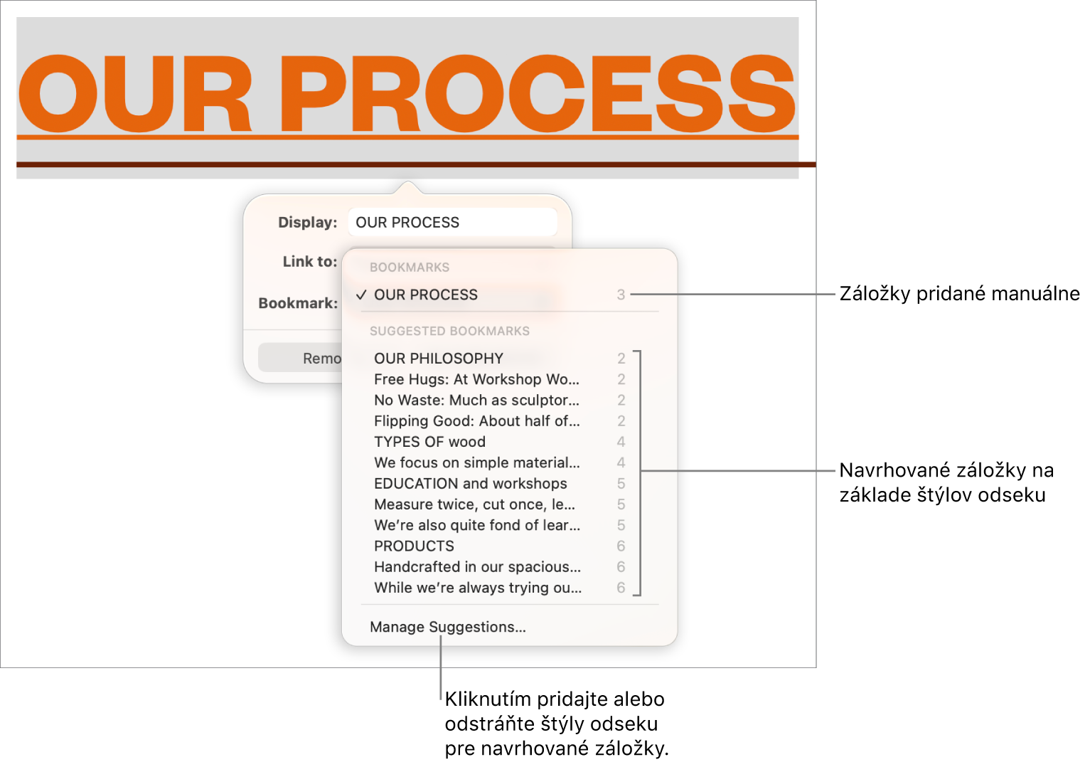 Zoznam záložiek s manuálne pridanými záložkami navrchu a navrhovanými záložkami pod nimi. Možnosť Spravovať návrhy je v spodnej časti.
