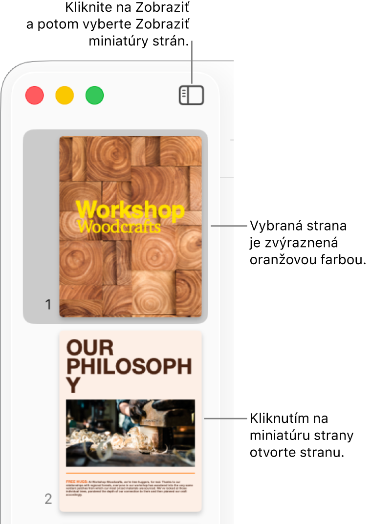 Postranný panel v ľavej časti okna Pages s otvoreným zobrazením Miniatúry strán a vybratou stranou zvýraznenou tmavooranžovou farbou.