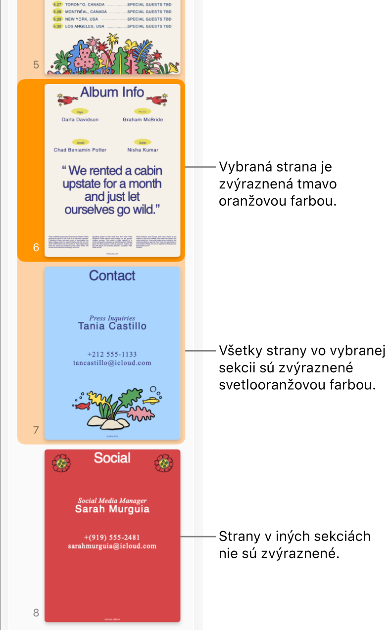 Postranný panel Zobrazenie miniatúr s vybranou stranou, ktorá je zvýraznená tmavooranžovou farbou. Všetky strany vo vybranej sekcii sú zvýraznené svetlooranžovou farbou.